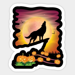 Wolf Dog On Mountain With Moon Pumpkins Bat Halloween Day Sticker